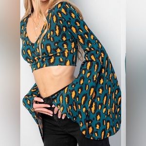 Mustard and teal leopard print belle sleeve crop top